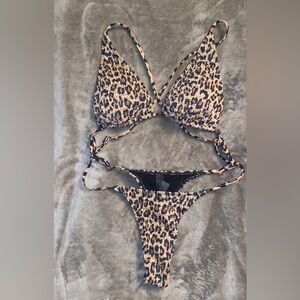 Smocked Leopard-Print Triangle Bikini - Beige/Black